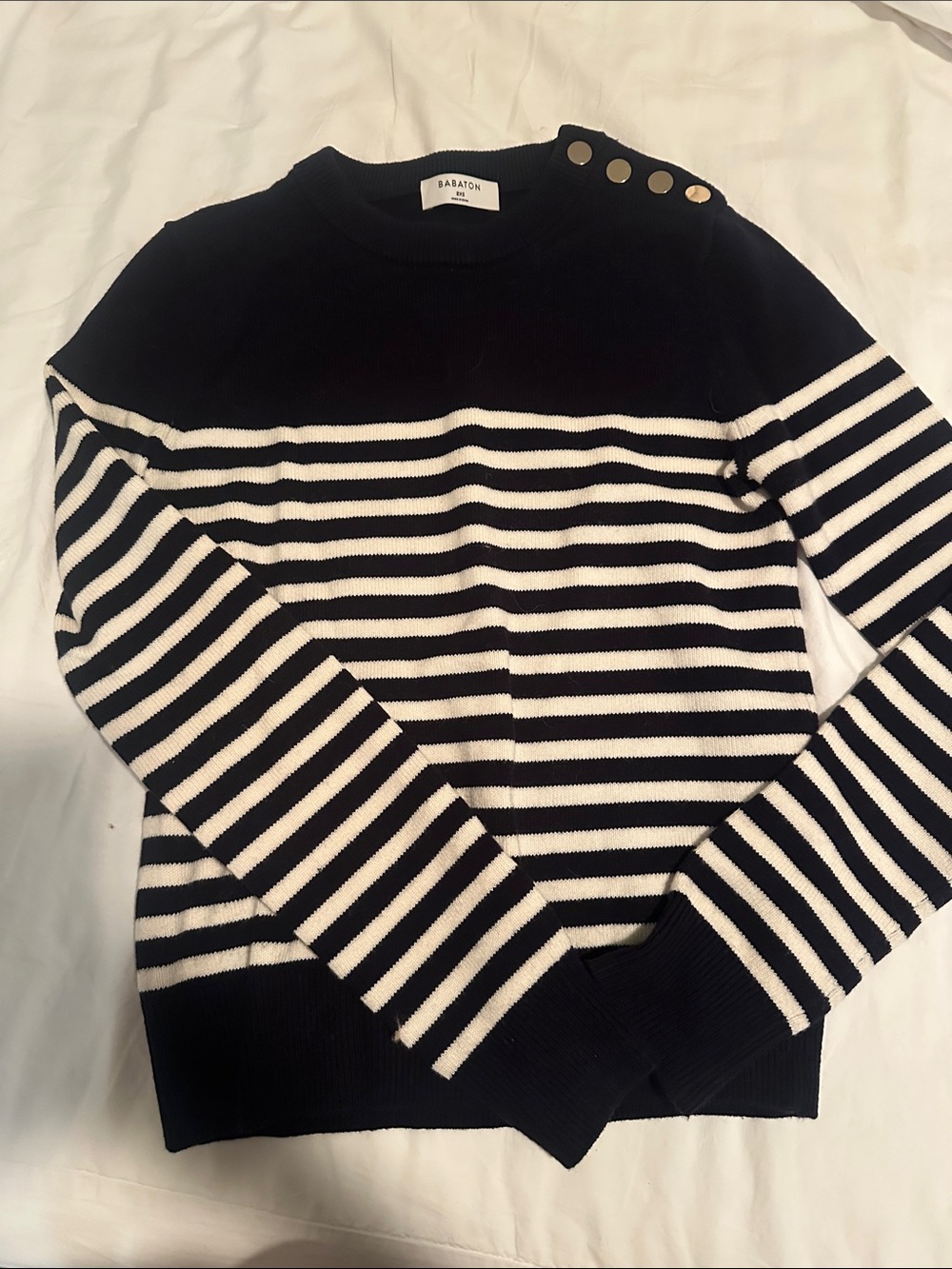 Aritzia Babaton Navy and White Striped Button-Shoulder Sweater
